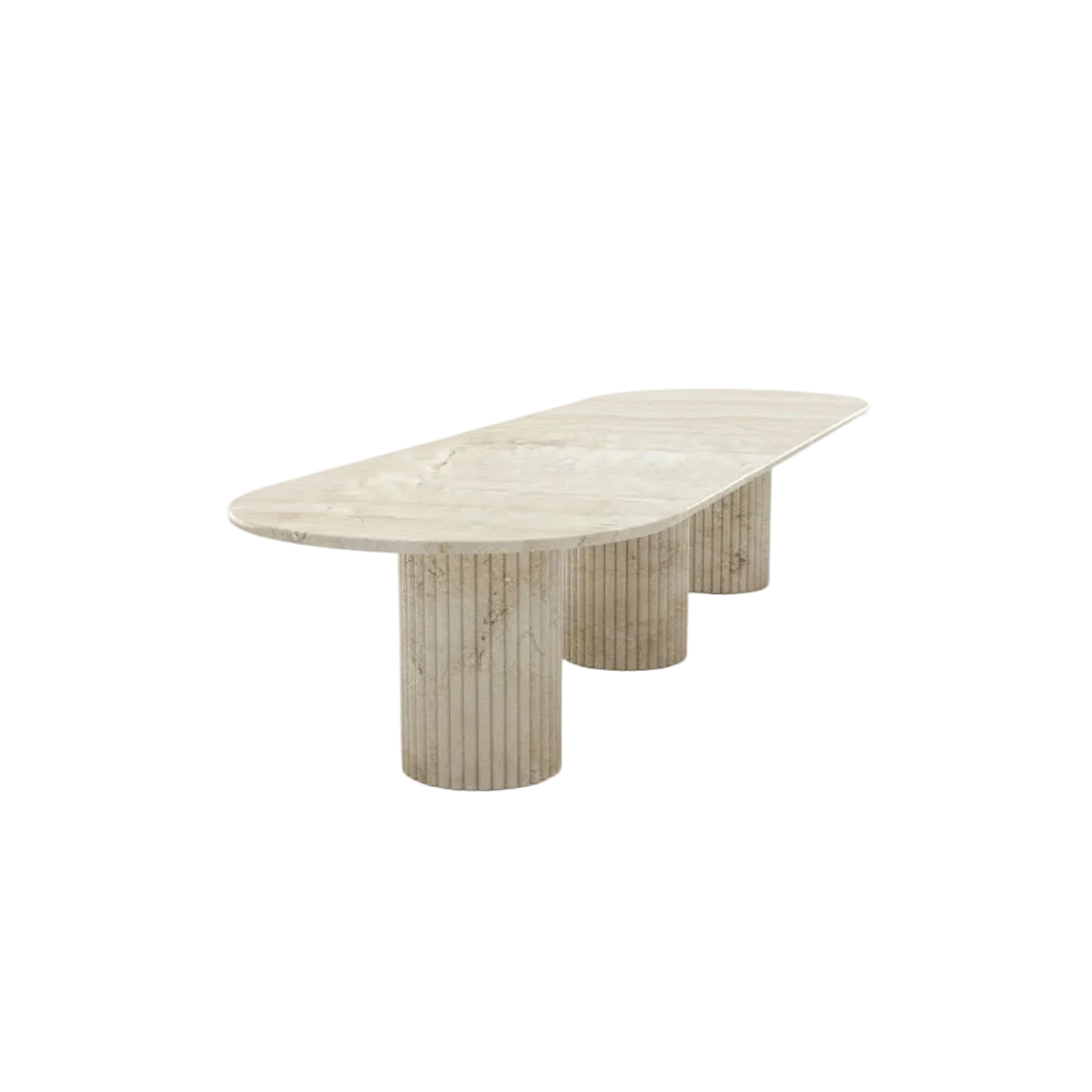 Beige Travertino Navona Marble Oval Dining Table - Three Quarter View | Stonegems