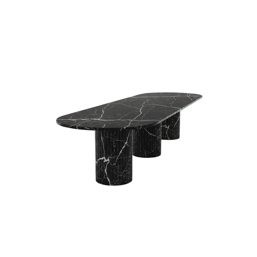 Black Nero Marquina Marble Oval Dining Table - Three Quarter View | Stonegems