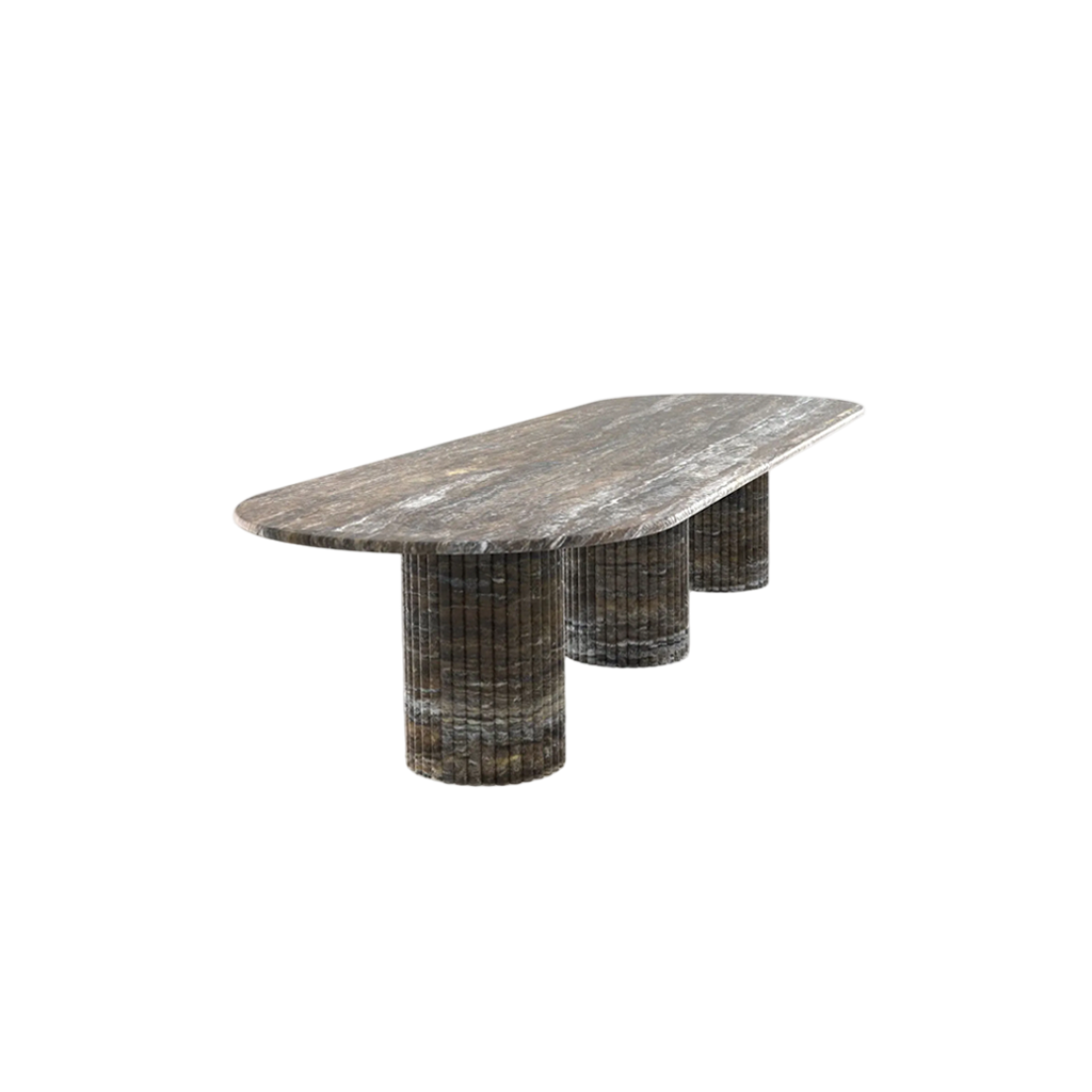 Brown Chocolate Travertine Oval Dining Table - Three-Quarter Perspective | Stonegems