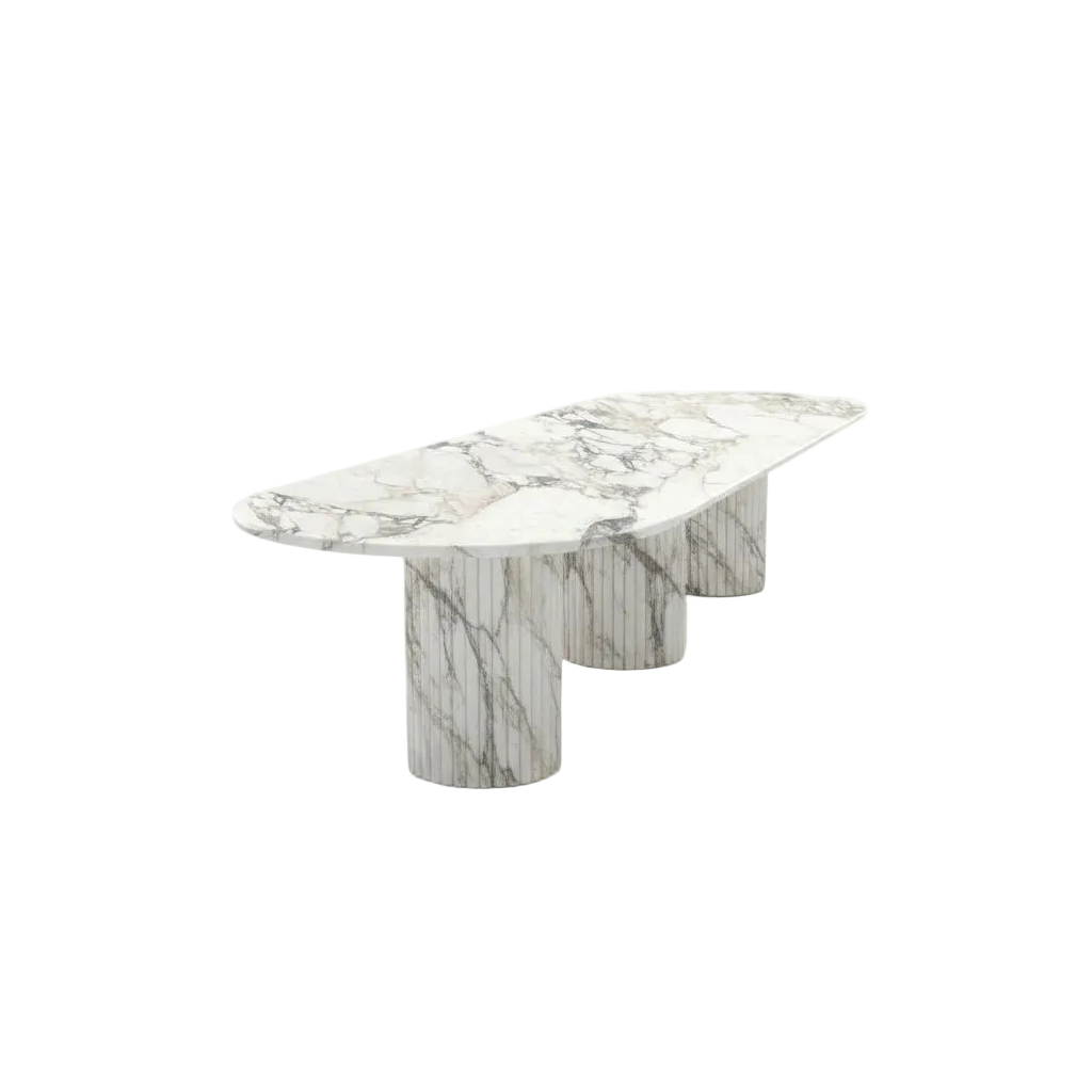 White Arabescato Marble Oval Dining Table - Three Quarter View | Stonegems