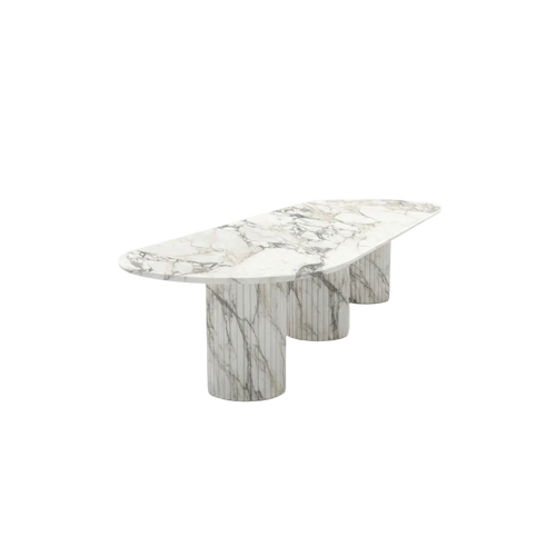 White Arabescato Marble Oval Dining Table with Fluted Pedestals - Three Quarter View | Stonegems