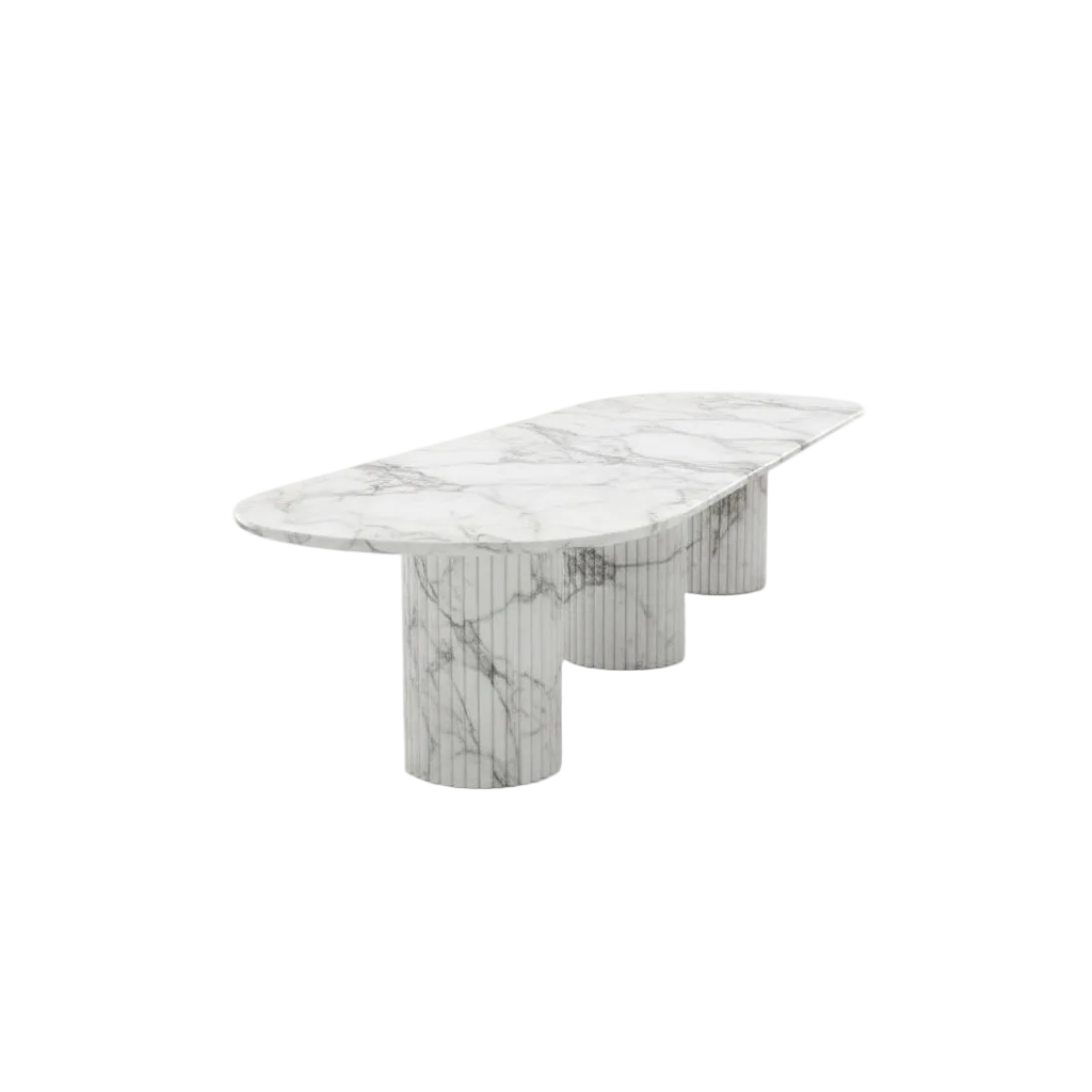 White Bianco Carrara Marble Oval Dining Table - Three Quarter View | Stonegems