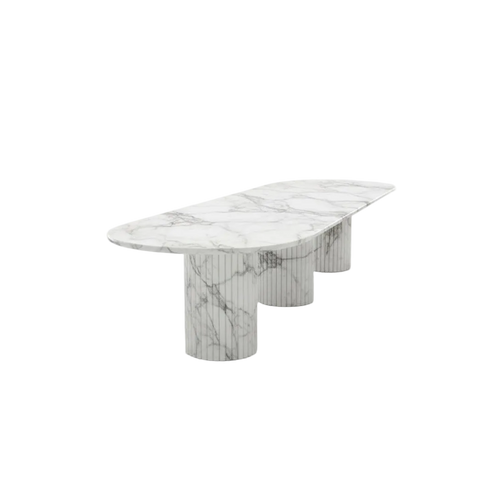 White Bianco Carrara Marble Oval Dining Table - Angled Product View | Stonegems