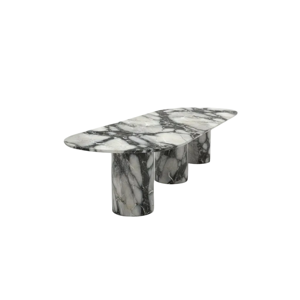 White Van Goh Marble Oval Dining Table - Three Quarter View | Stonegems