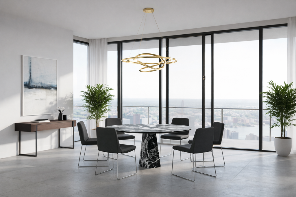 Black White Marble Copernico Dining Table - Modern Room Setting | Stonegems