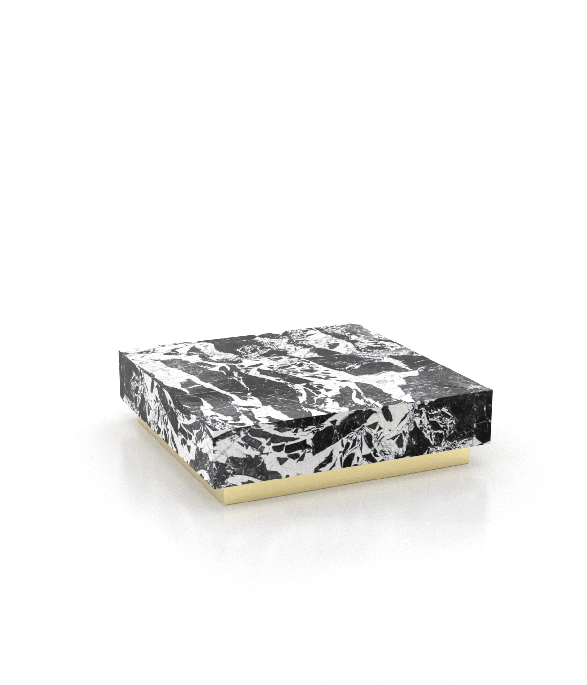 Black White Breccia Marble Coffee Table - Brass Base Three Quarter View | Stonegems