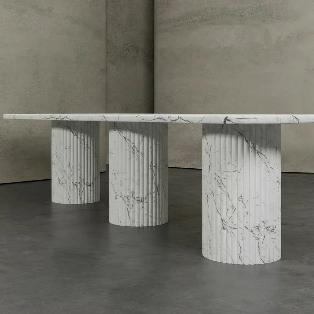 White Arabescato Marble Flora Dining Table - Side Detail with Fluted Columns | Stonegems