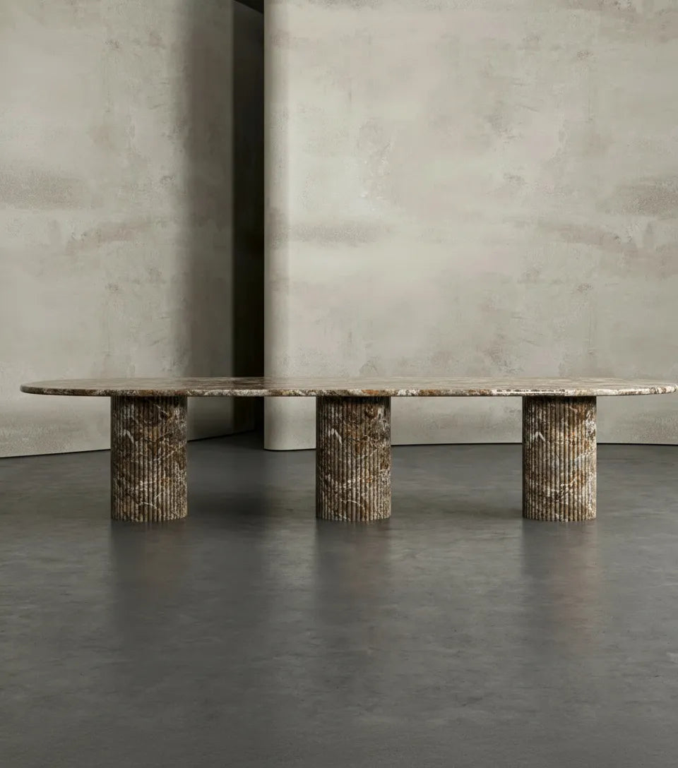 Brown Travertine Marble Oval Dining Table - Side Profile View | Stonegems