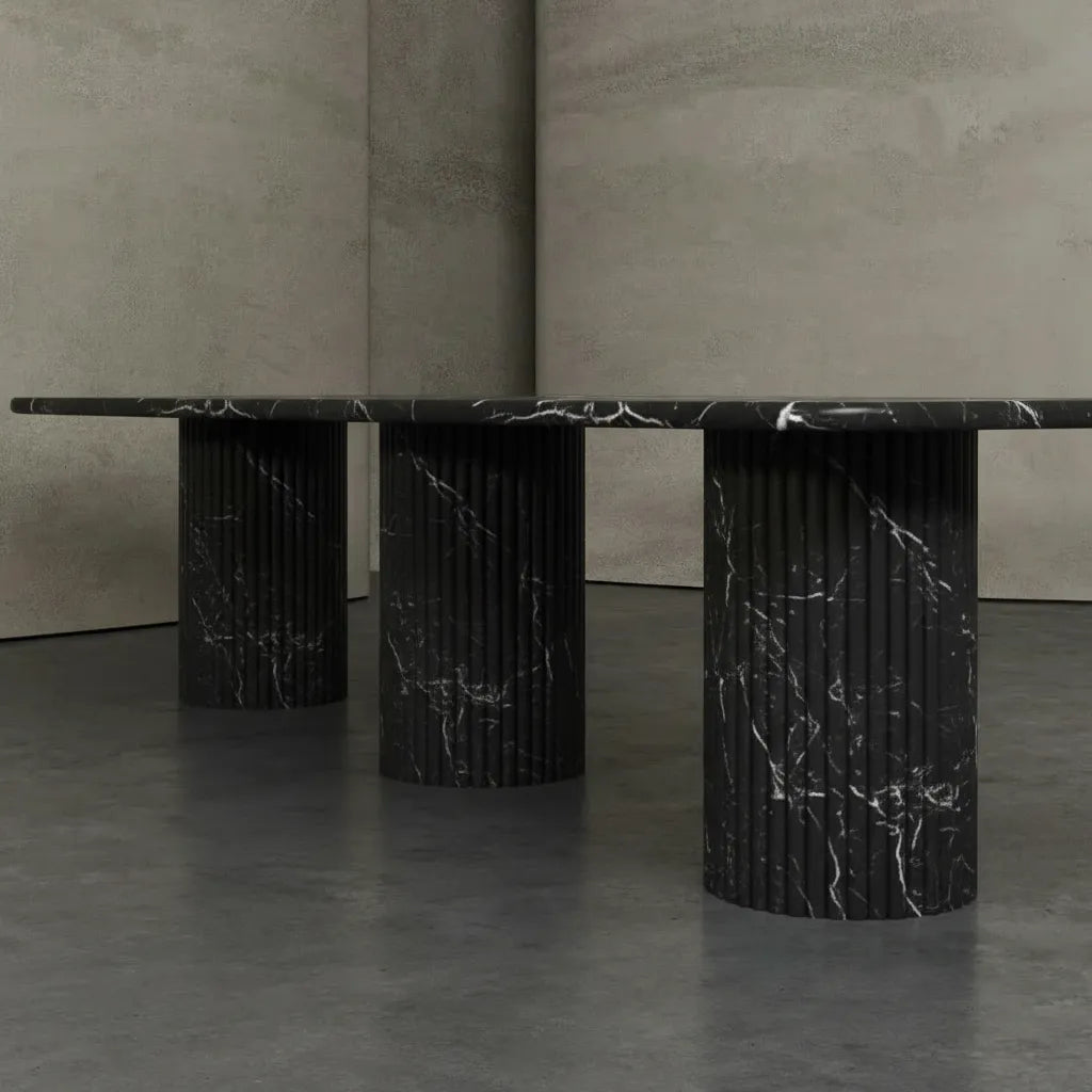 Black Marble Fluted Pedestal Dining Table - Architectural Base Detail | Stonegems