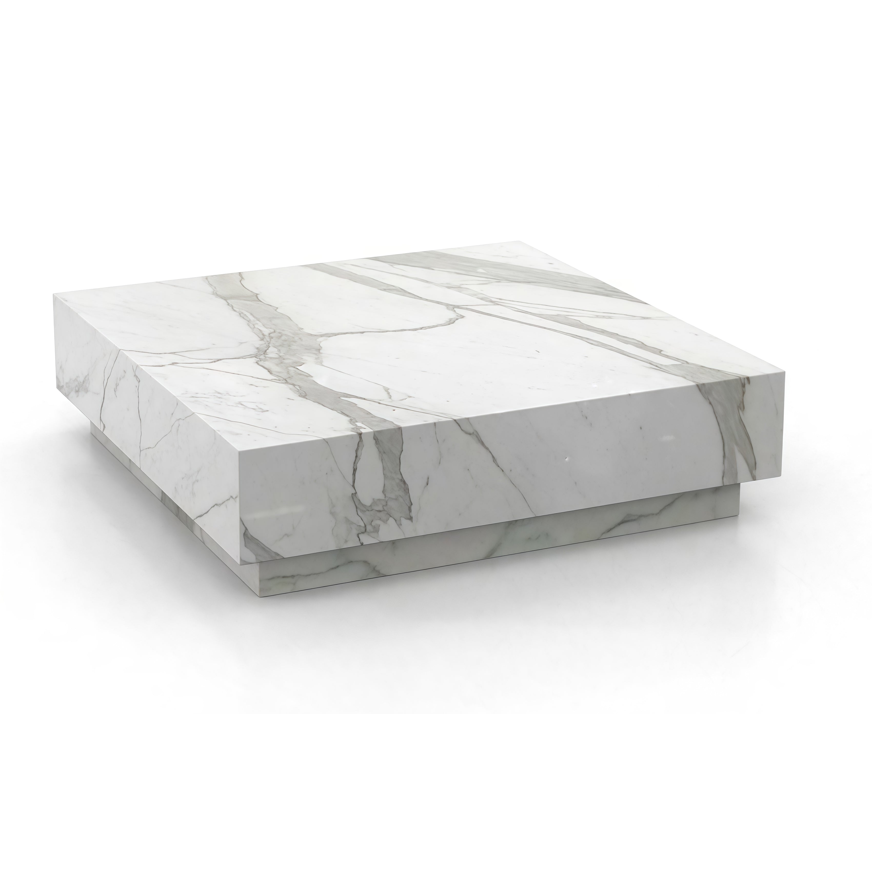 White Calacatta Marble Square Plinth Coffee Table - Three Quarter View | Stonegems