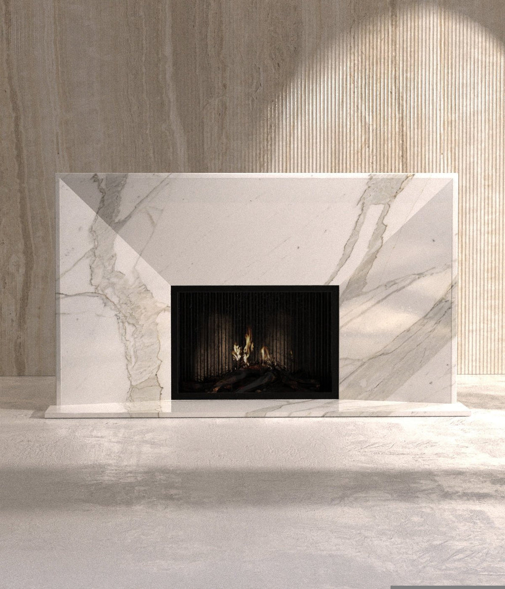 White Calacatta Marble Alexander Fireplace - Lifestyle Setting | Stonegems