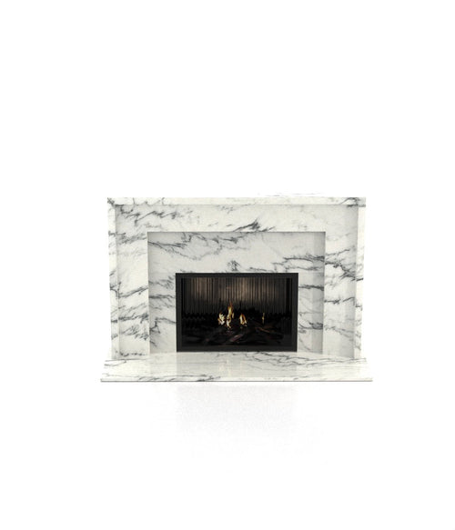 White Marble Andromeda Tiered Fireplace - Front View with Active Flames | Stonegems