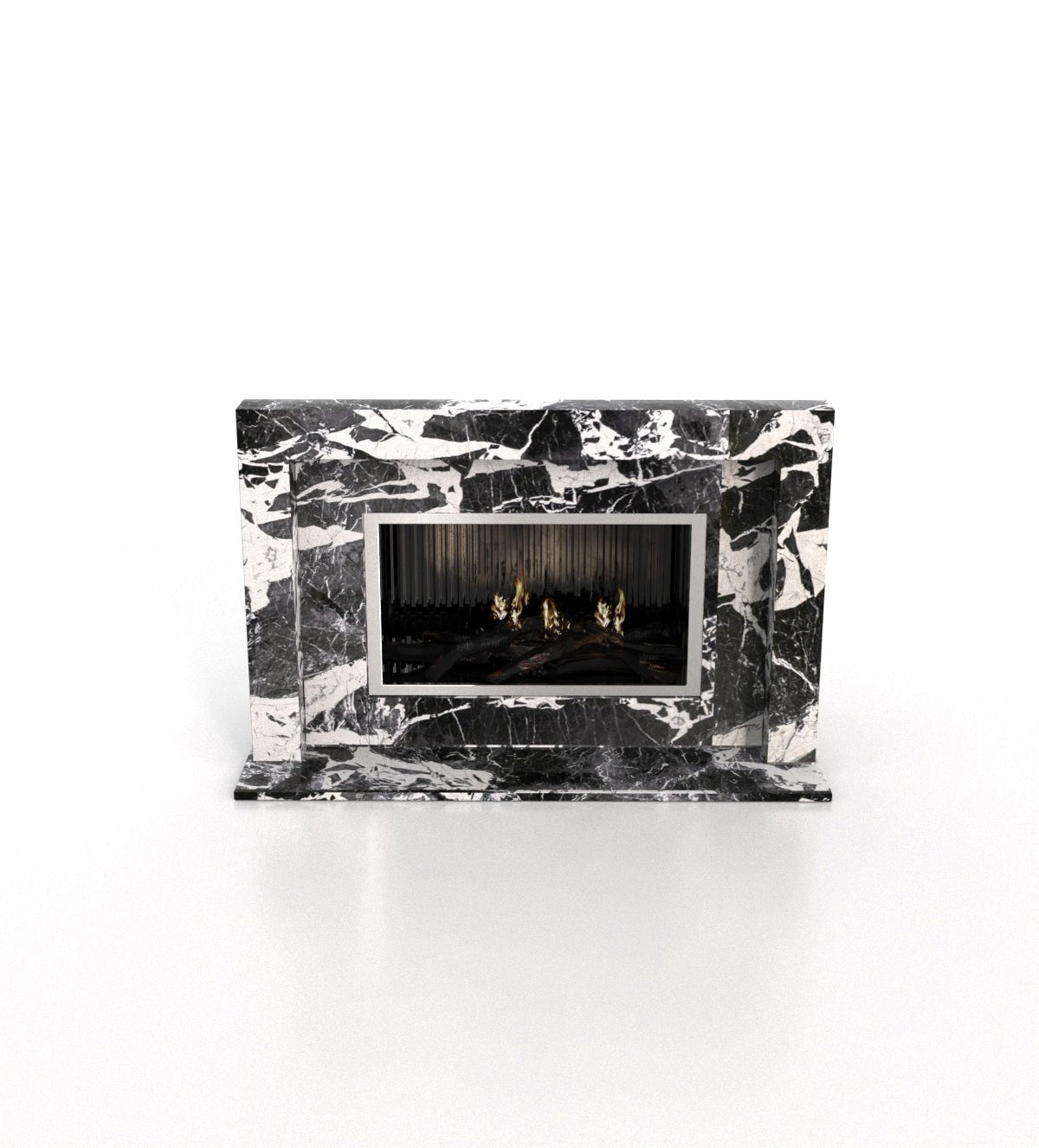 Black White Veined Marble Anubis Fireplace - Front View | Stonegems