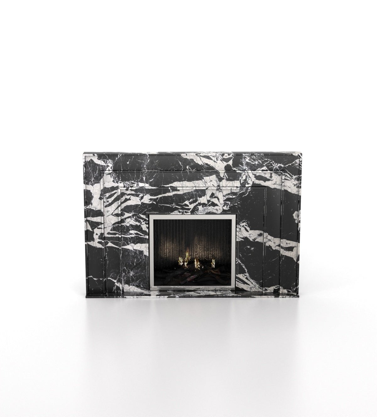 Black White Marble Aristotle Fireplace - Front View | Stonegems