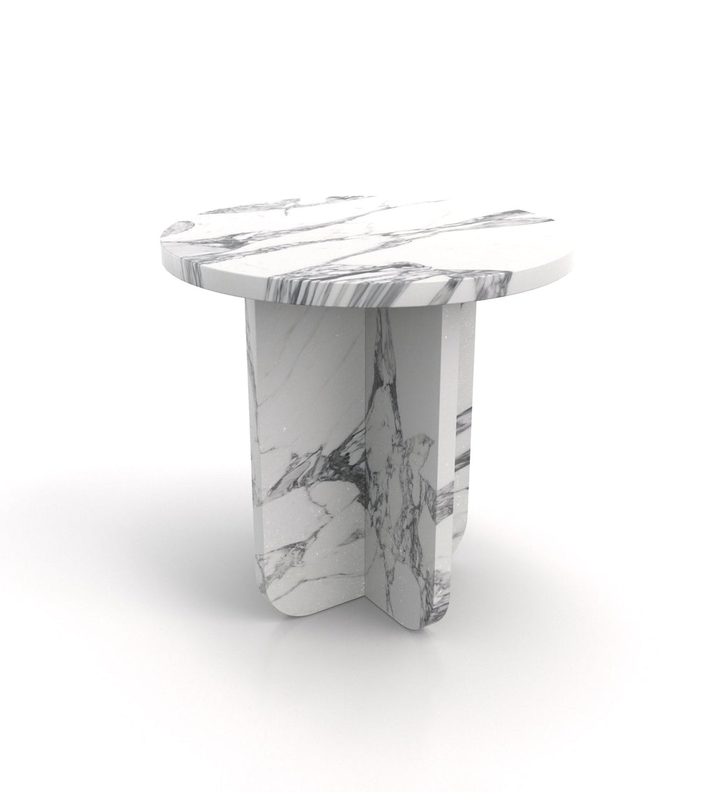 White Marble Round Calypso Side Table - Quarter Angle View | Stonegems