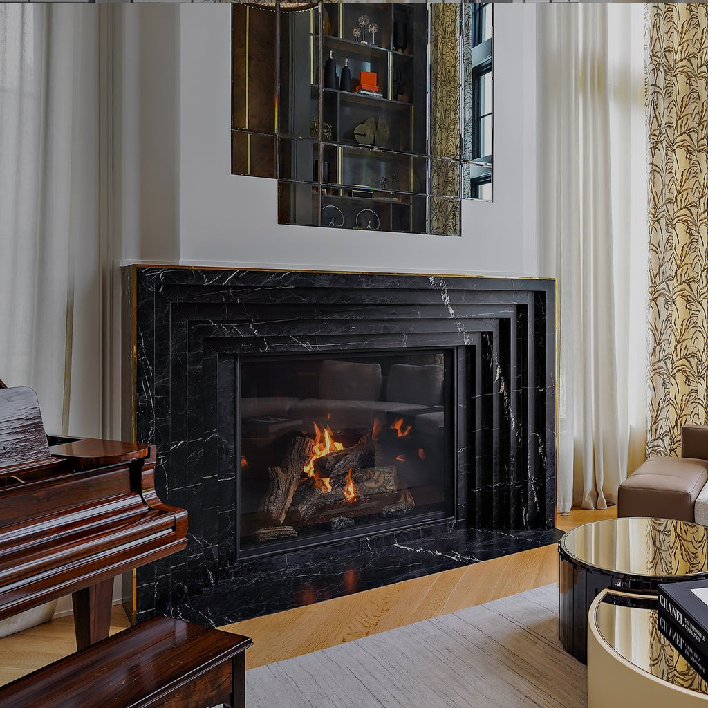 Nero Marquina Black Marble Colossus Fireplace Surround - Living Room Installation | Stonegems