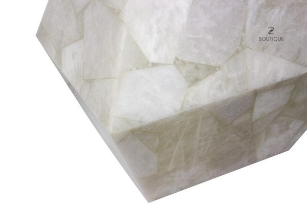 White Quartz Decagon Rex Stone Side Table - Corner Detail View | Stonegems