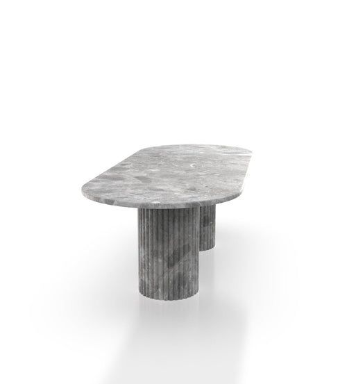 Grey Marble Oval Dining Table with Fluted Pedestals - Side Angle | Stonegems
