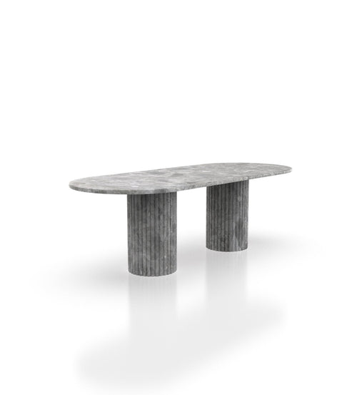 Grey Marble Oval Dining Table with Fluted Legs - Three Quarter View | Stonegems