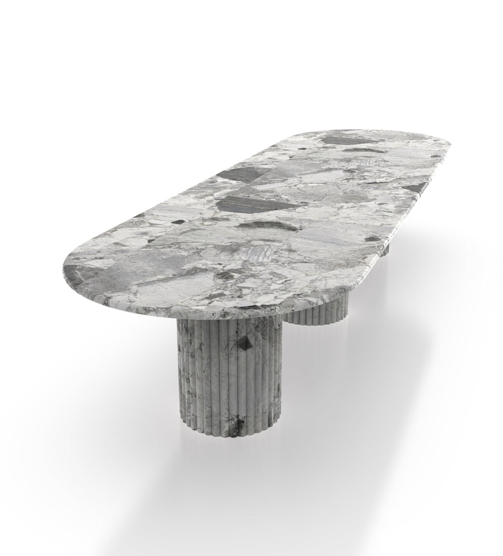 White Van Goh Marble Oval Dining Table - Angle View with Fluted Base | Stonegems