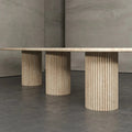 Beige Travertine Oval Dining Table - Side Profile View of Fluted Base Design | Stonegems