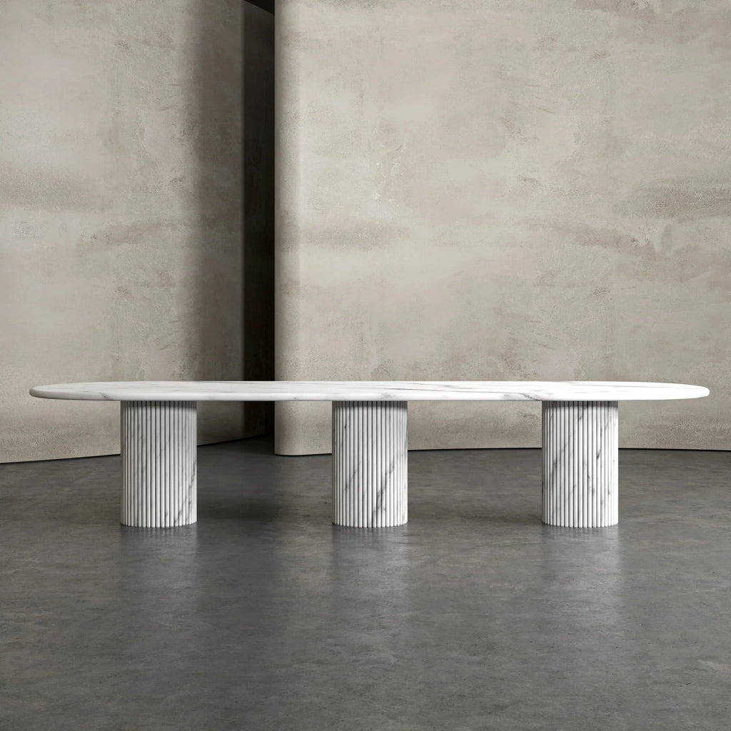 White Marble Oval Dining Table - Fluted Pedestal Detail | Stonegems
