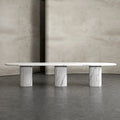 White Marble Oval Dining Table - Lifestyle Setting with Fluted Pedestal | Stonegems