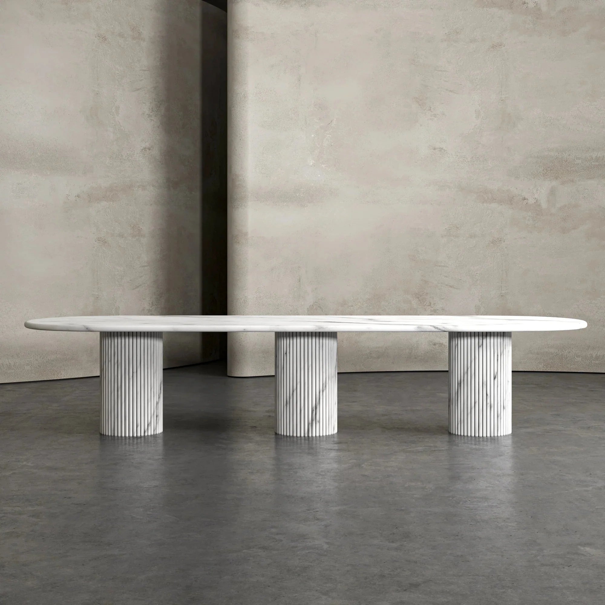 White Marble Oval Dining Table - Fluted Pedestal Detail | Stonegems