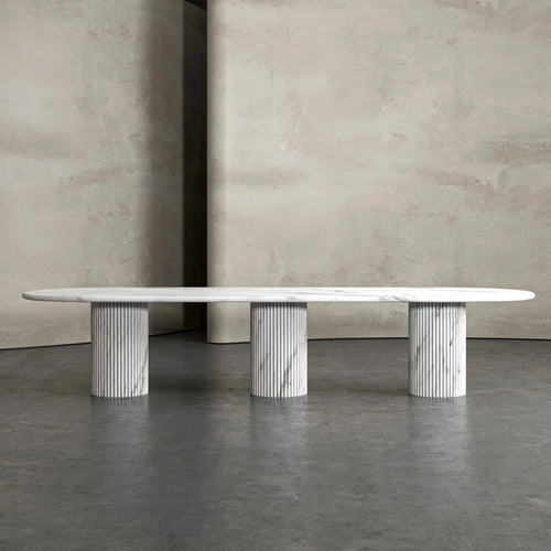 White Marble Oval Dining Table - Lifestyle Setting with Fluted Pedestal | Stonegems