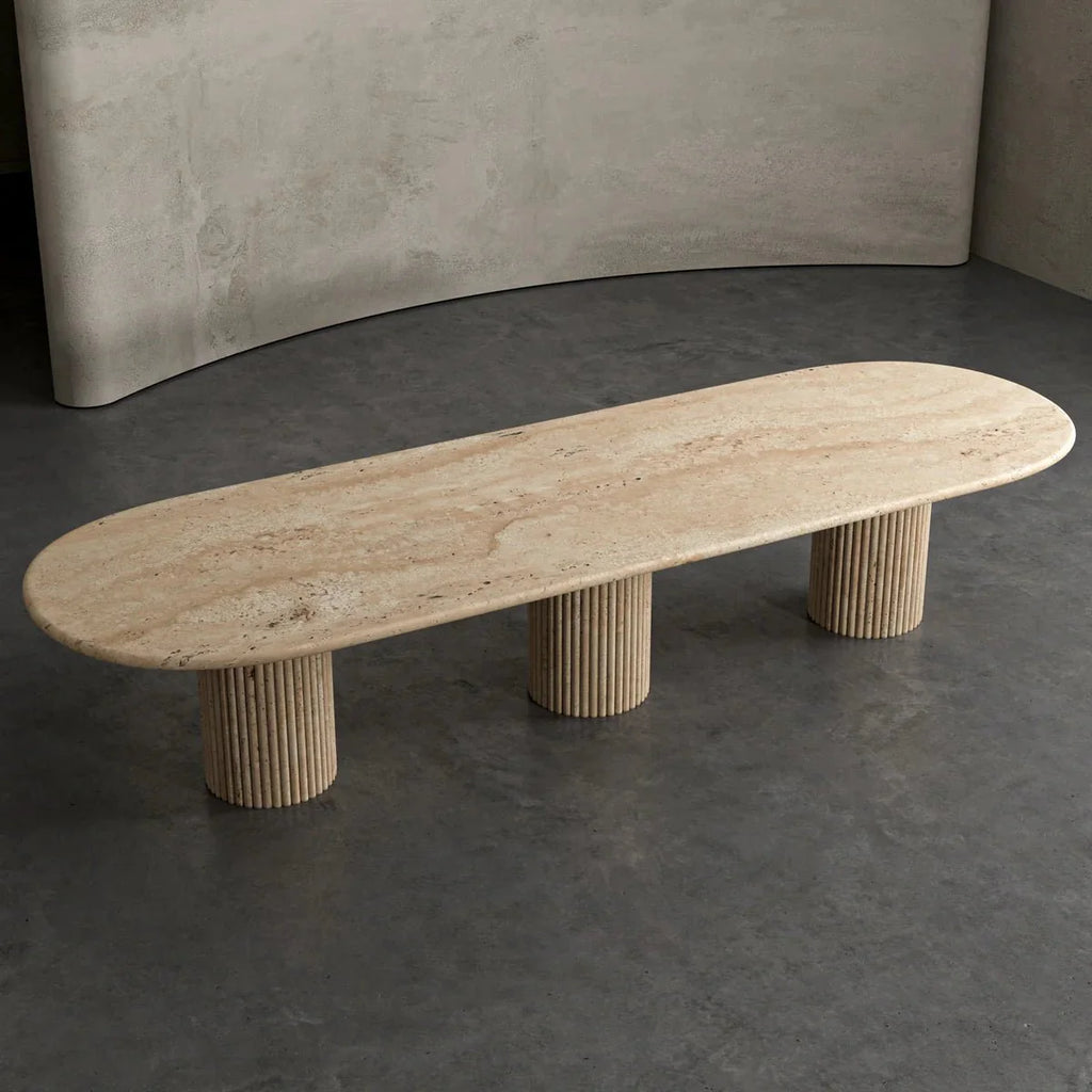 Beige Travertine Oval Dining Table - Perspective View | Stonegems