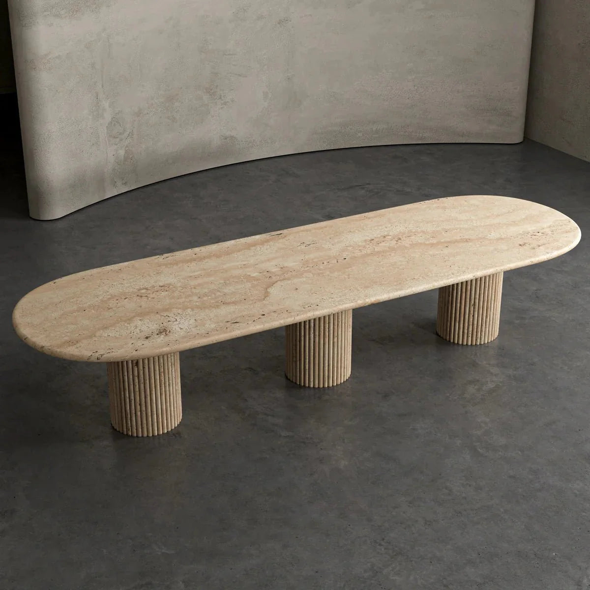 Beige Travertine Oval Dining Table - Perspective View | Stonegems
