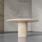 Travertine Marble Round Dining Table with Fluted Column Base - Room Setting | Stonegems