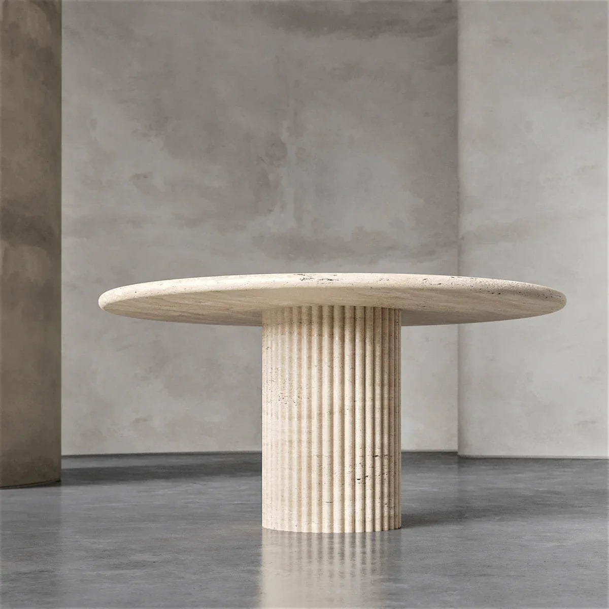 Travertine Marble Round Dining Table with Fluted Column Base - Room Setting | Stonegems