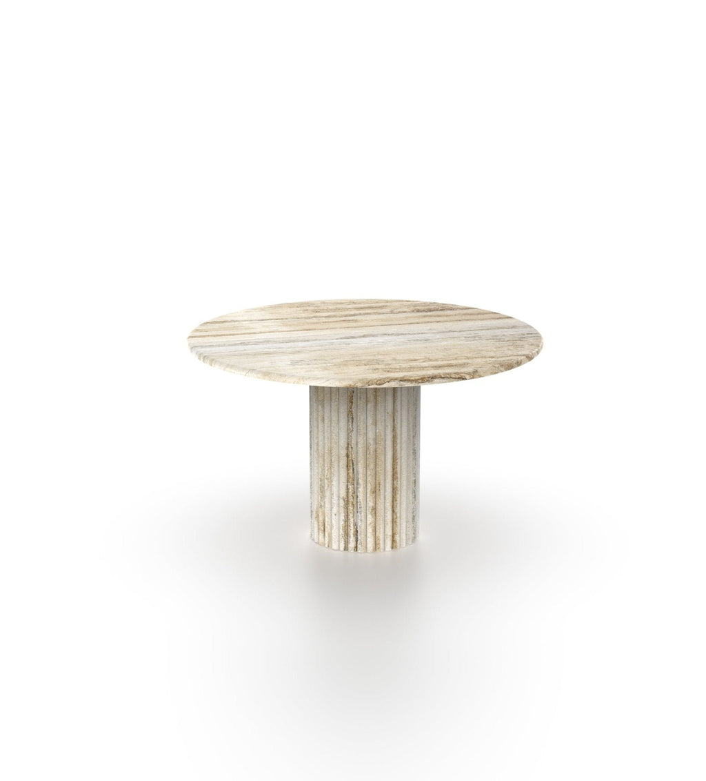 Cream Travertine Round Dining Table Fluted Column Base - Side View | Stonegems