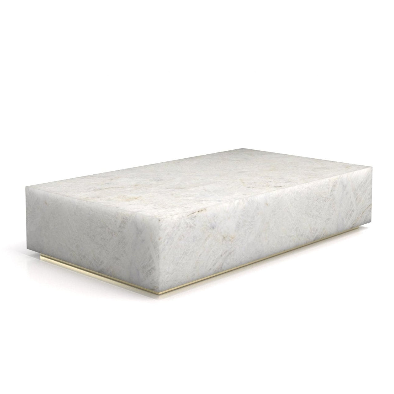 White Marble Firenze Rectangular Plinth Coffee Table with Brass Base - Three Quarter View | Stonegems