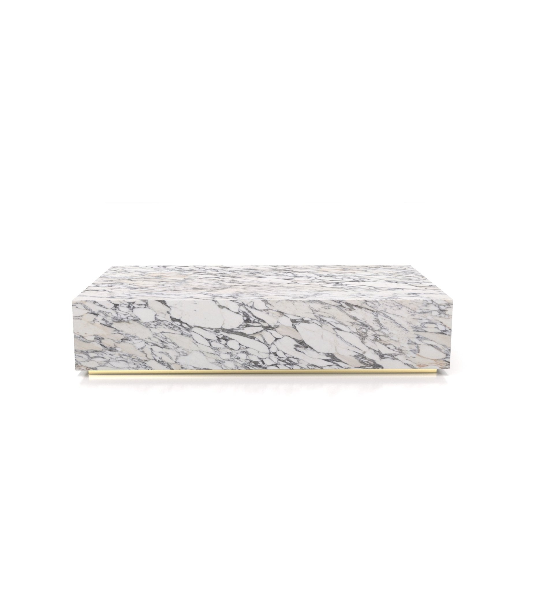 White Arabescato Marble Plinth Coffee Table with Brass Base - Front View | Stonegems