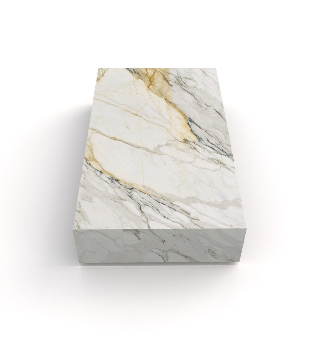 Calacatta Marble Plinth Coffee Table with Gold Veining - Top Detail View | Stonegems