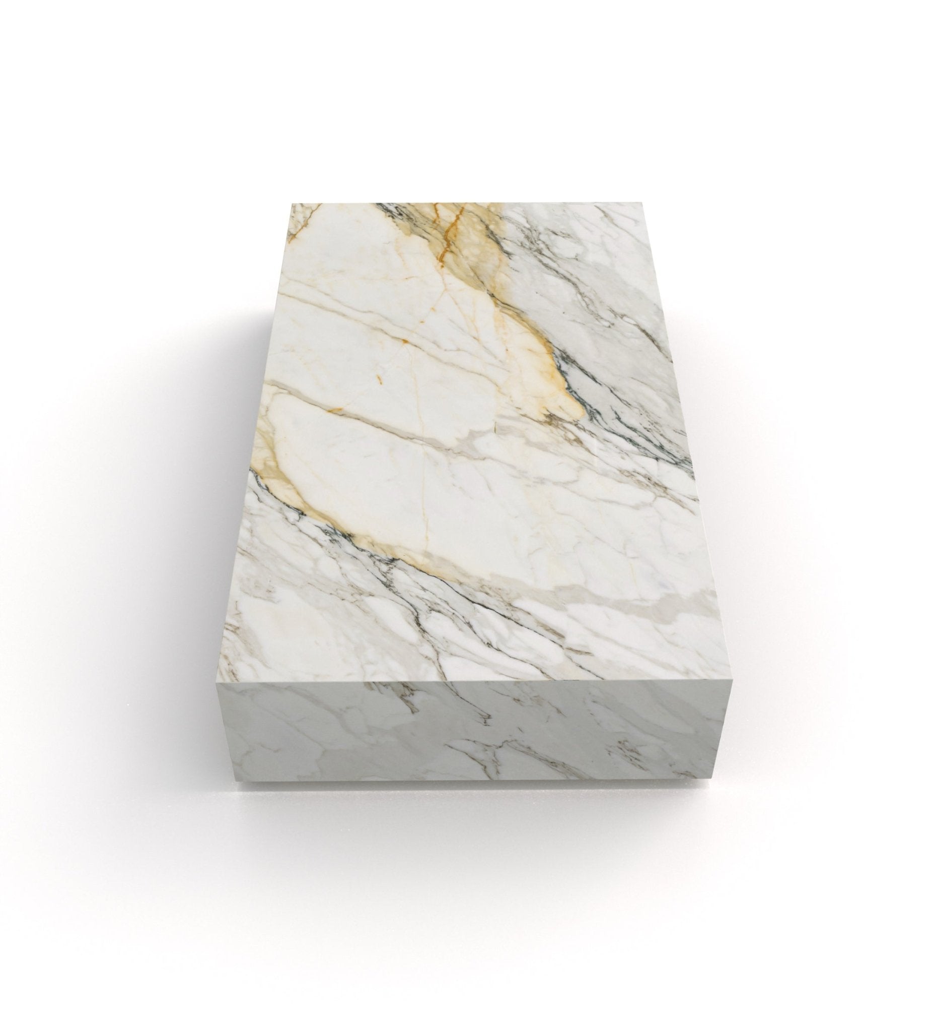 Calacatta Marble Plinth Coffee Table with Gold Veining - Top Detail View | Stonegems