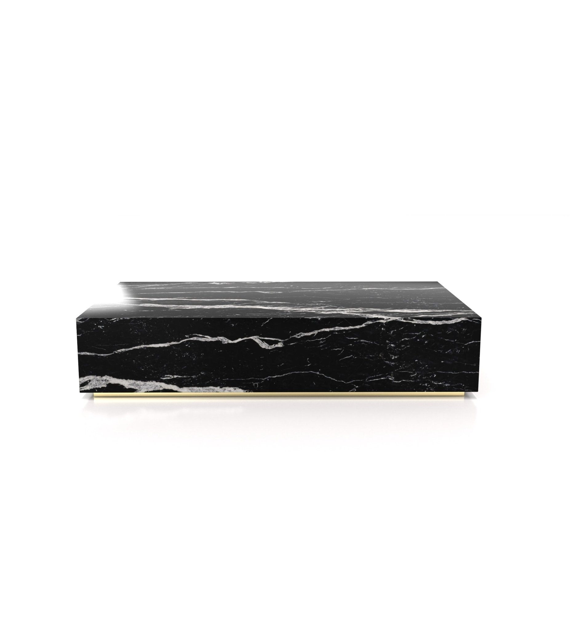 Black Nero Marquina Marble Plinth Coffee Table with White Veining - Three Quarter View | Stonegems