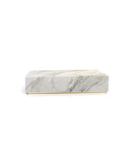 White Veined Marble Plinth Coffee Table with Brass Detail - Side View | Stonegems