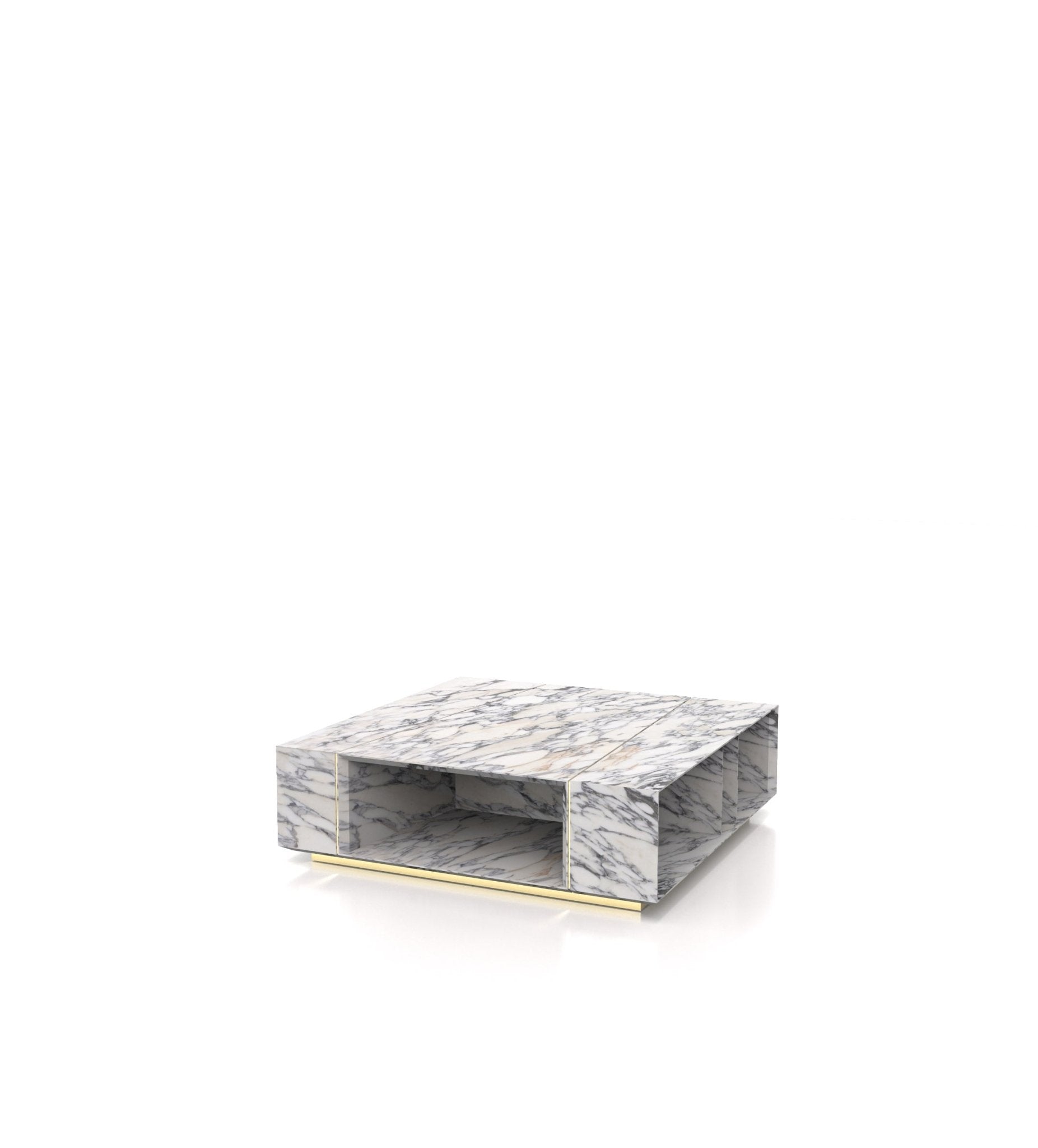 Bianco Carrara Marble Coffee Table - Side Angle with Brass Base Detail | Stonegems