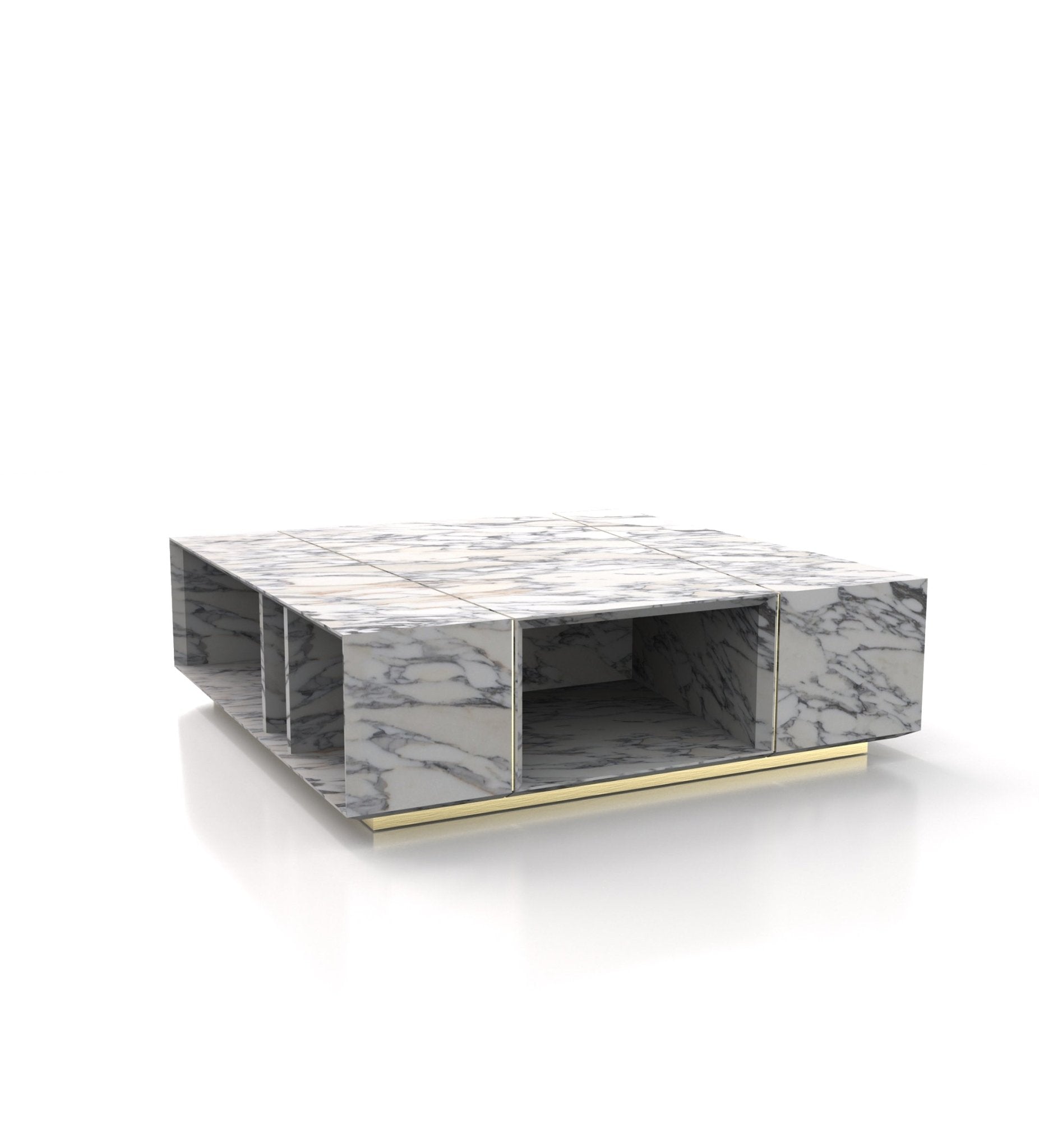 Bianco Carrara Marble Galilei Coffee Table - Side View with Brass Accent Base | Stonegems