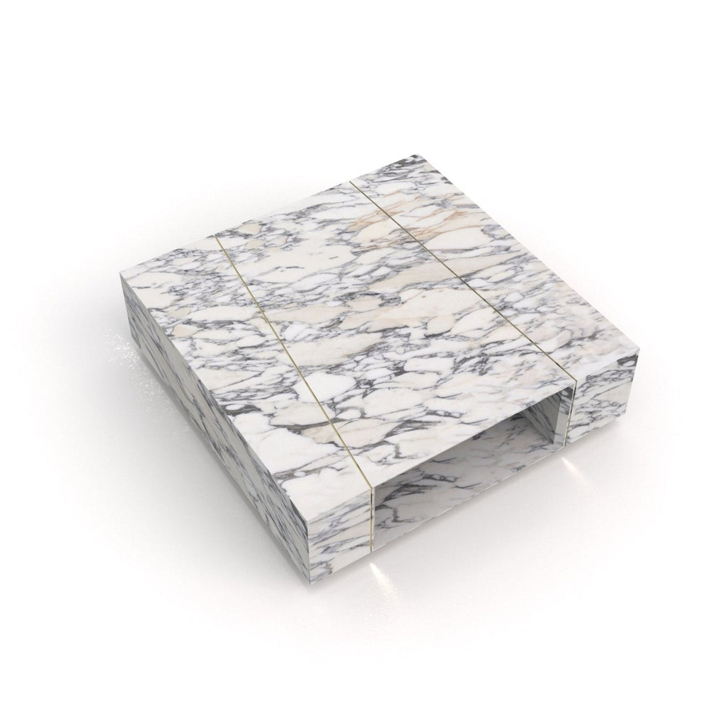 Bianco Carrara Marble Galilei Coffee Table - Top Angle with Brass Inlay Details | Stonegems