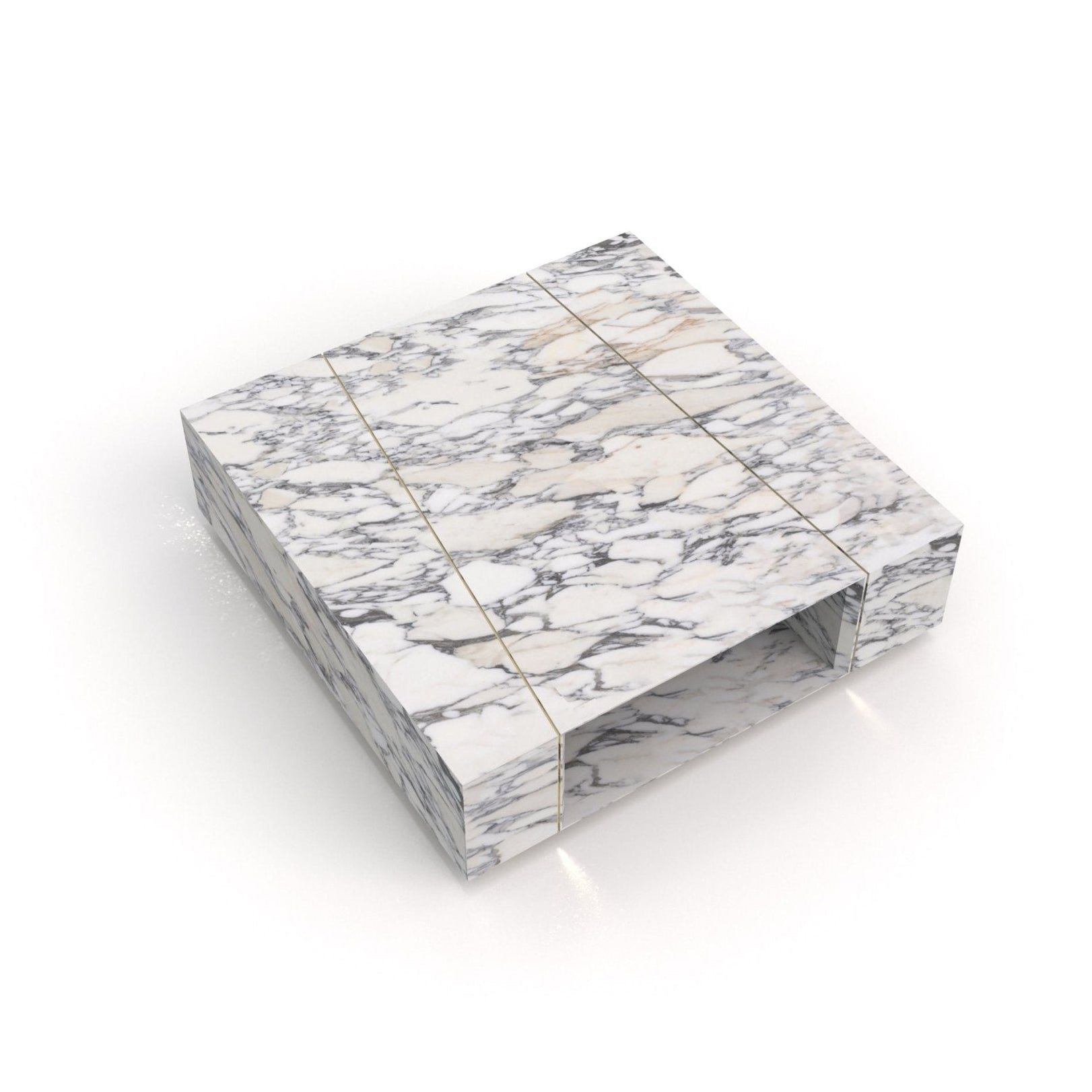 Bianco Carrara Marble Galilei Coffee Table - Top Angle with Brass Inlay Details | Stonegems