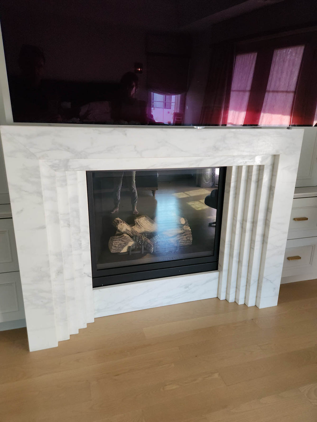 White Marble La Gabby 76 Fireplace Surround - Installed Living Room | Stonegems