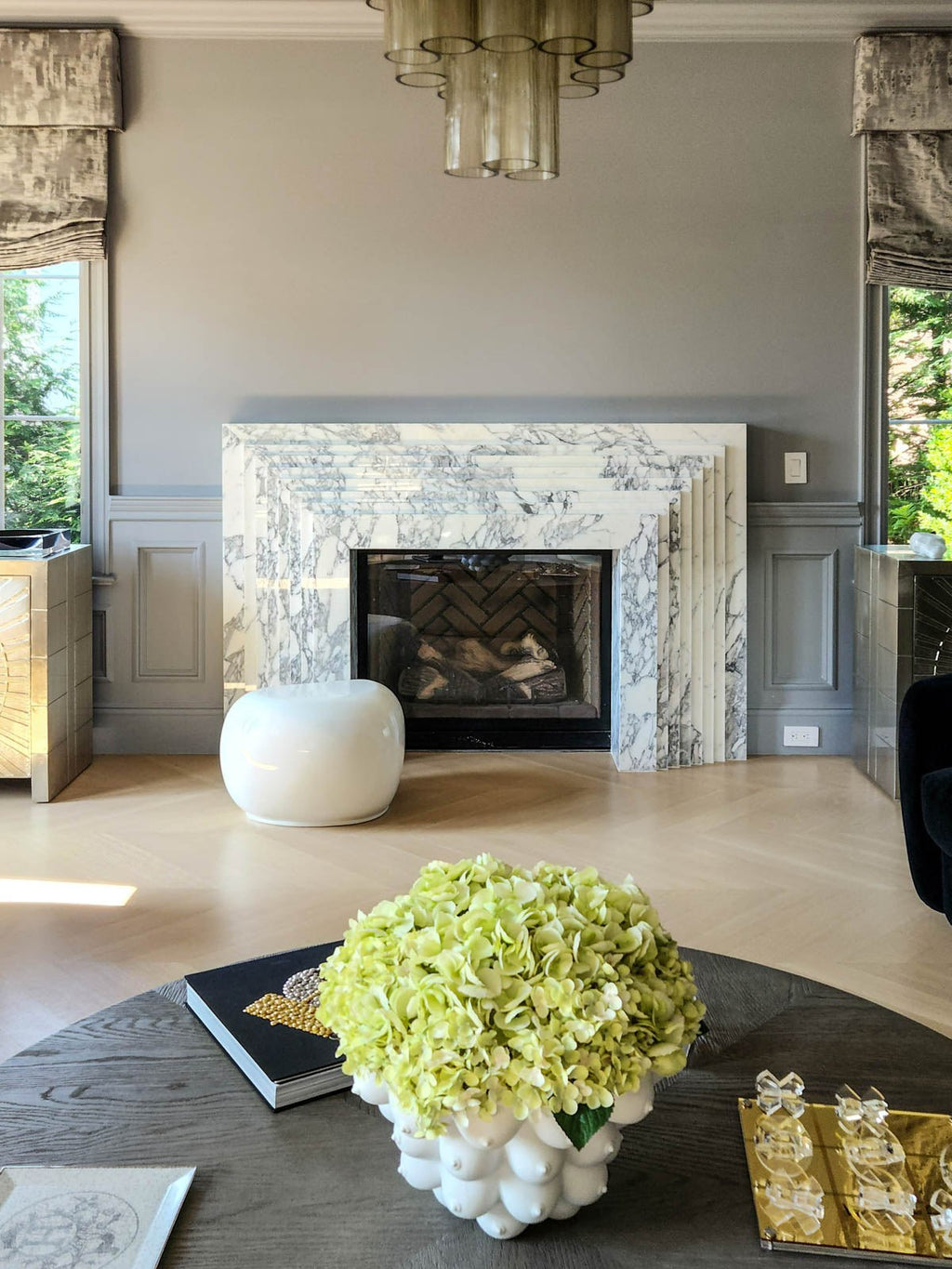 Arabescato Marble La Gigi 72 Fireplace Surround - Living Room Installation Styled View | Stonegems