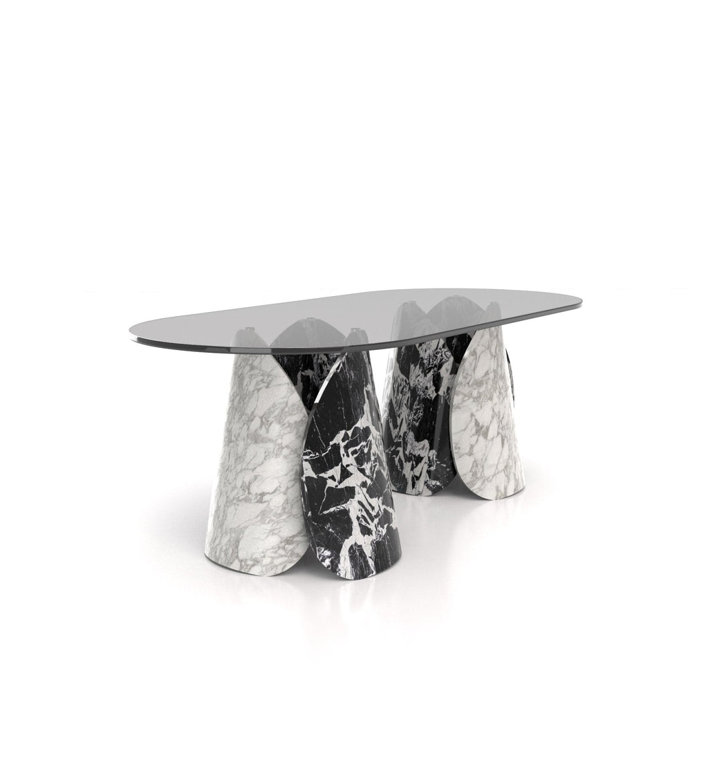 Oval Marble Lotus Black Glass Top Modern Dining Table