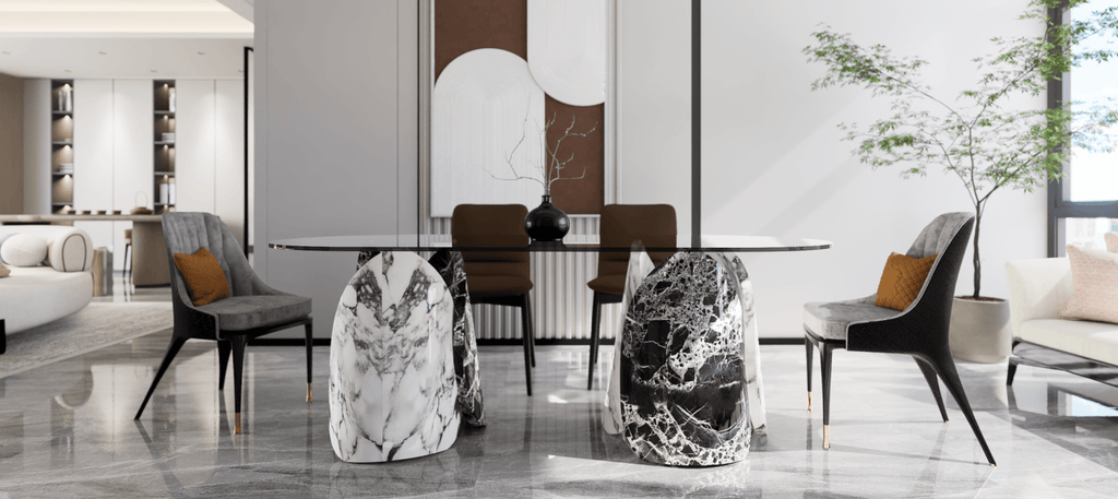 Oval Marble Lotus Black Glass Top Modern Dining Table