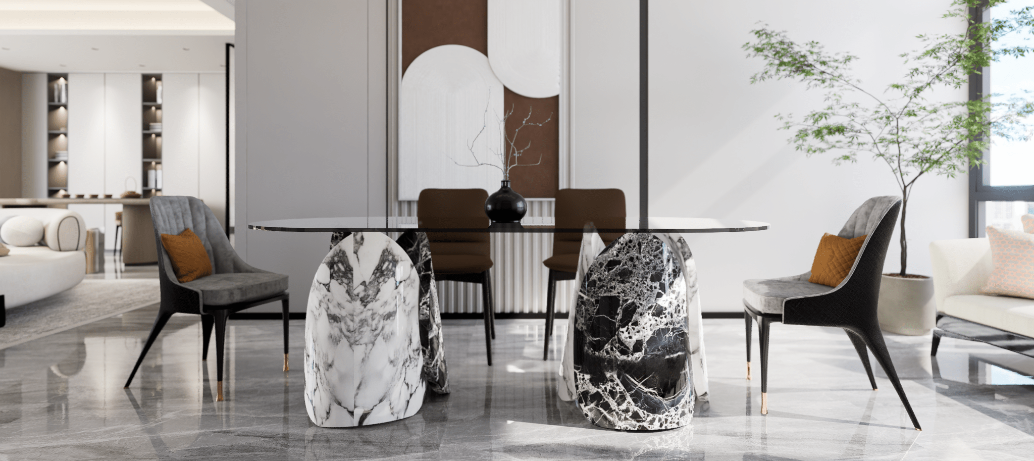 Oval Marble Lotus Black Glass Top Modern Dining Table