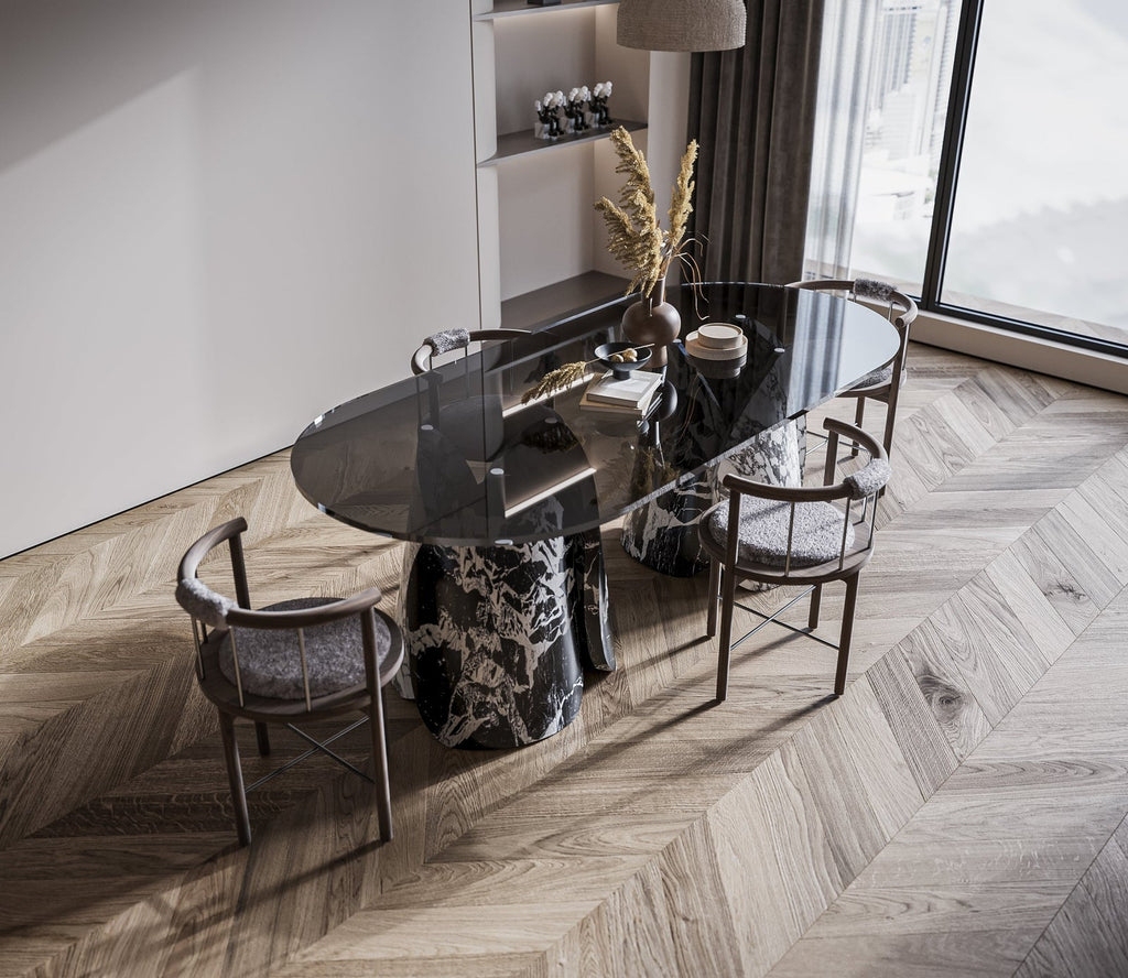 Oval Marble Lotus Black Glass Top Modern Dining Table